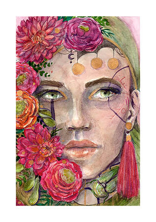 Portrait de femme au visage entouré de fleurs (des pivoines roses et orange)