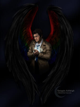 A spark of hope Dessin numérique représentant Castiel de la série Supernatural, tenant contre lui une lumière. Il se trouve dans le noir et on distingue ses ailes aux couleurs arc en ciel.