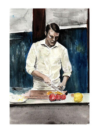 Dessin représentant Hannibal (joué par Mads Mikkelsen dans la série du même nom) coupant des légumes dans sa cuisine.
