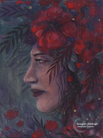 Portrait de femme de profil, portant des fleurs rouges sur la tête
