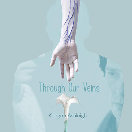 Through our veins Couverture pour une playlist inspirée par une fanfic, on y voit en fond la Sherlock Holmes et John Watson dans la silhouette de John, et en premier plan une main tendue vers le bas, très pâle avec des veines bleues dessinées, tendue vers une fleur de datur