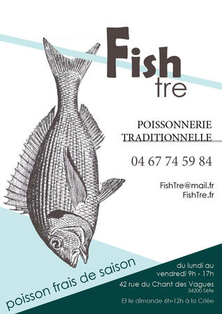 Affiche représentant un poisson stylisé, pour un commerce fictif appelé "Fishtre".