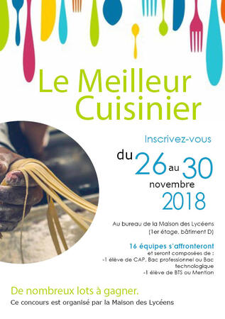 Affiche 'Le Meilleur Cuisinier' Affiche pour un concourt universitaire intitulé 'le meilleur cuisinier', l'affiche est épurée, fond blanc, avec en haut des silhouettes colorées de couverts. Il y a une photo de mains réalisant des pâtes fraîches.