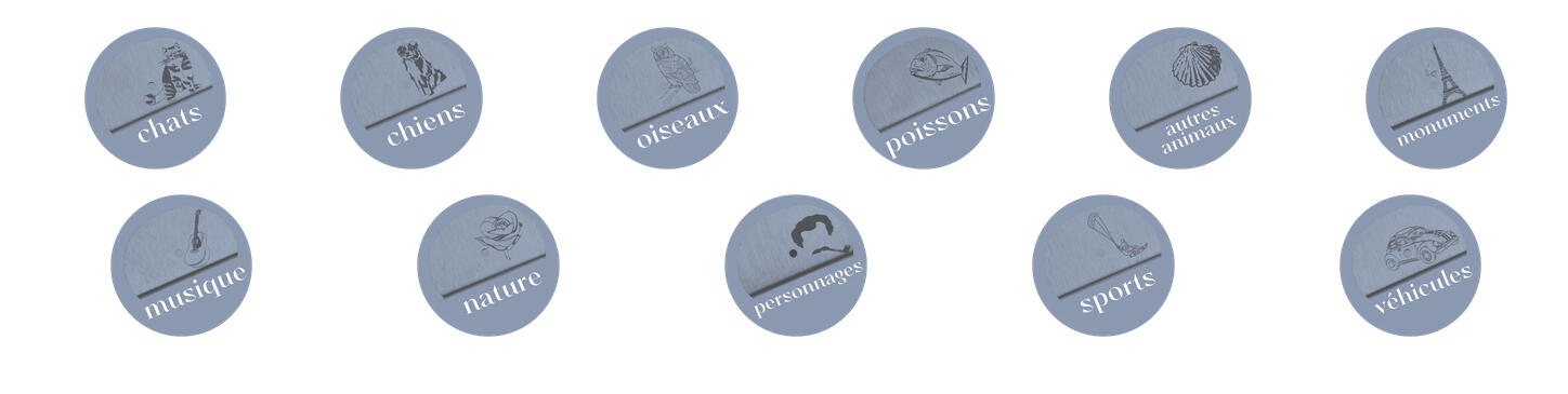 Série d'éléments graphiques qui constituent un menu de navigation sur un site web pour une entreprise de création et personnalisation de sifflets.