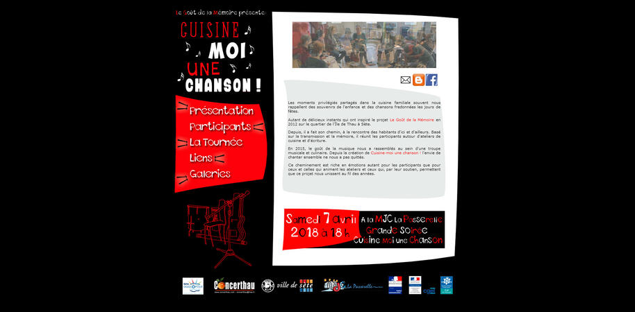 Screenshot du site, couleurs noir rouge et blanc
