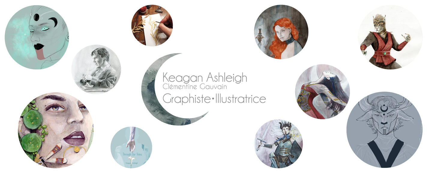 Logo - croissant de lune, taches d'aquarelles bleu gris, Keagan Ashleigh, Clémentine Gauvain, Graphiste Illustratrice