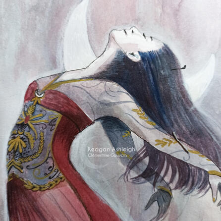 Miniature d'un dessin à l'aquarelle, une femme penchée en arrière, bras tendus en arrière, qui danse sous un croissant de lune.